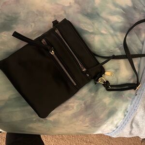 Small Black Crossbody Bag with Gold Accents